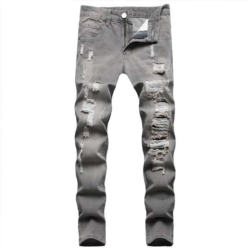 Men's Mid-Waist Slim Fit Casual Jeans Grey Washed Denim European Style with Hole Decoration Non-Elastic Long Trousers S260924QKZ7