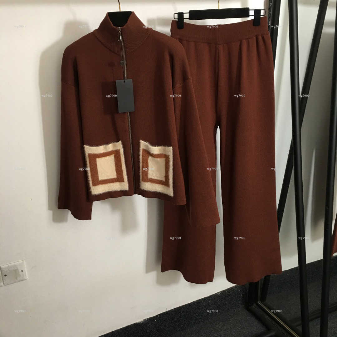 Top Women Knitted 2 Piece Outfit women designer clothes Stand Collar Zip Cardigan Contrast Square Pocket Wide Leg Pants Casual Loungewear Set A790X1