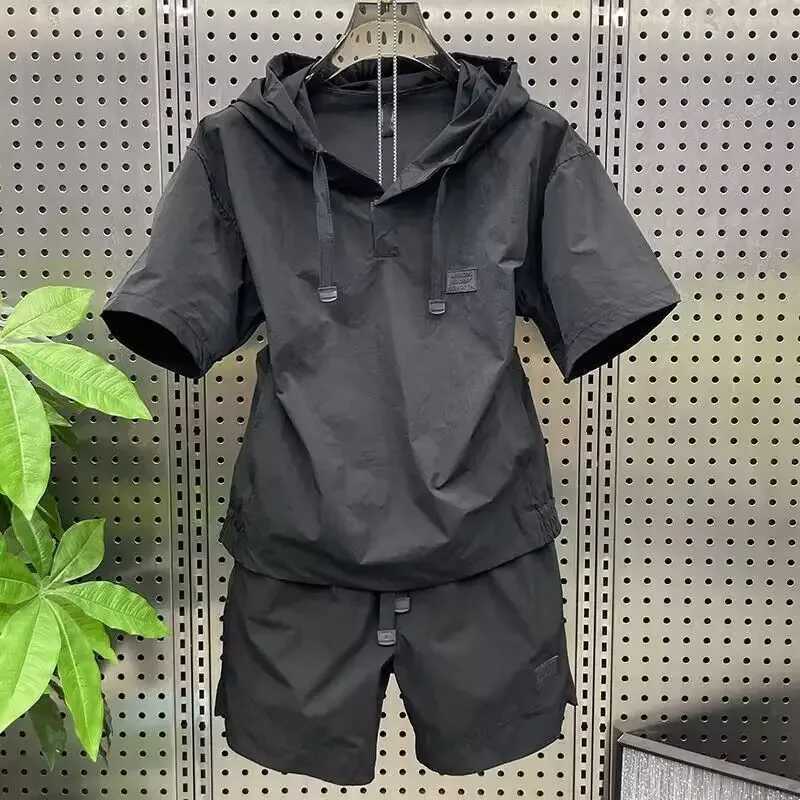 Summer Thin Breathable Sunscreen Men Hooded Short Sleeve Top And Shorts Two Piece Set Hoodie Suits Casual Loose Outfits Outwear T260924