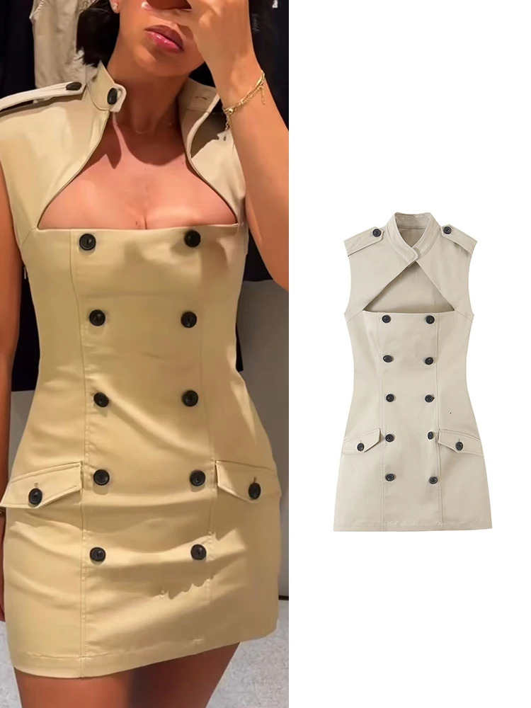 TFMLN Women Hollow Out Dress Sleeveless Solid Slim Fashion Trench Mini Dresses Sexy Club Street Style Trendy Partywear 260923