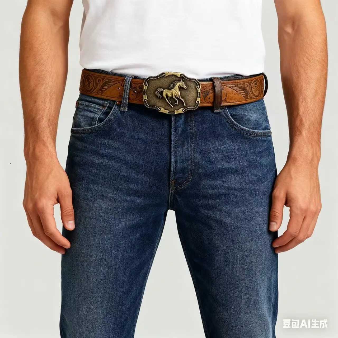 Cinture per cavalli Vintage Nuovi uomini Cintura per la testa Cintura da cowboy occidentale Cintura in pelle PU con fibbia incisa Retro Jeans punk N