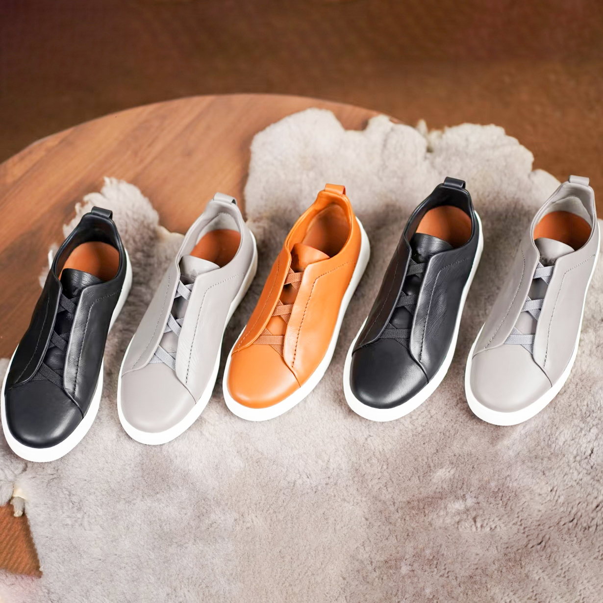 Leather Slip On Sneakers SECONDSKIN Elastic Band Crisscross Luxury Casual Flat zegnasneakerss Men's Designer zegnamens Footwear Fashionable Bea
