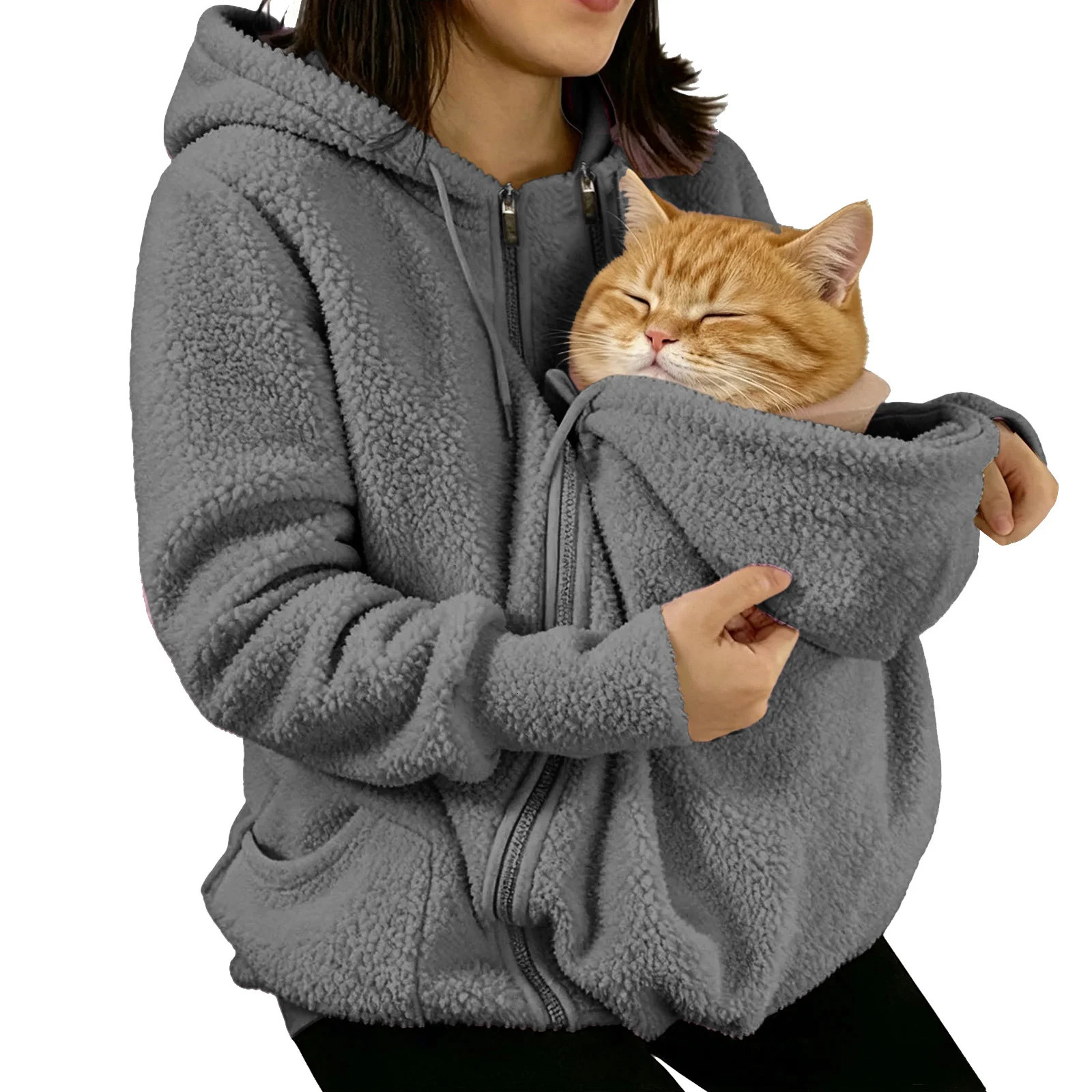 2In1 Women Hoodies With Pet Pouch Hooded Sweatshirts Fleece Plush Oversize Zip Up Jackets For Cats Dogs Caring w260923