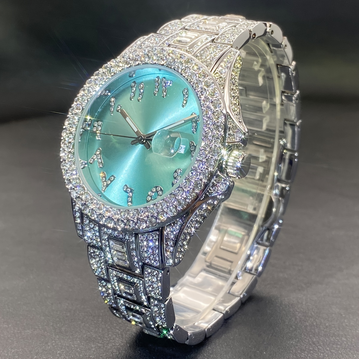 Luxury Diamond Couple Watches, Unique Ice Blue Dial Arabic Numeral Quartz Wristwatches, New Arrival for Men Women