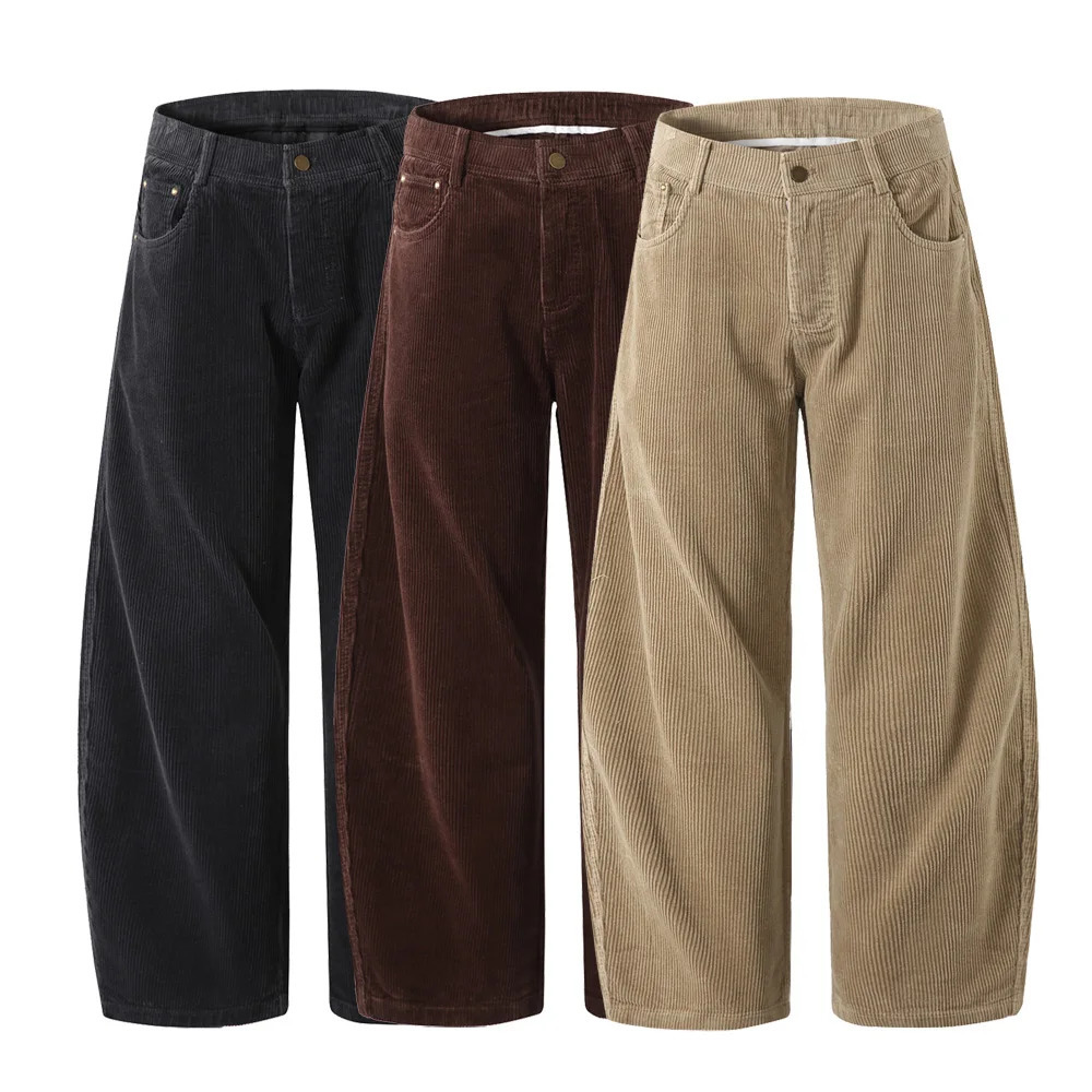 Pantalones rectos de pierna ancha de pana para hombre, ropa de calle coreana japonesa, moda informal suelta, pantalones cargo a rayas vintage, panta