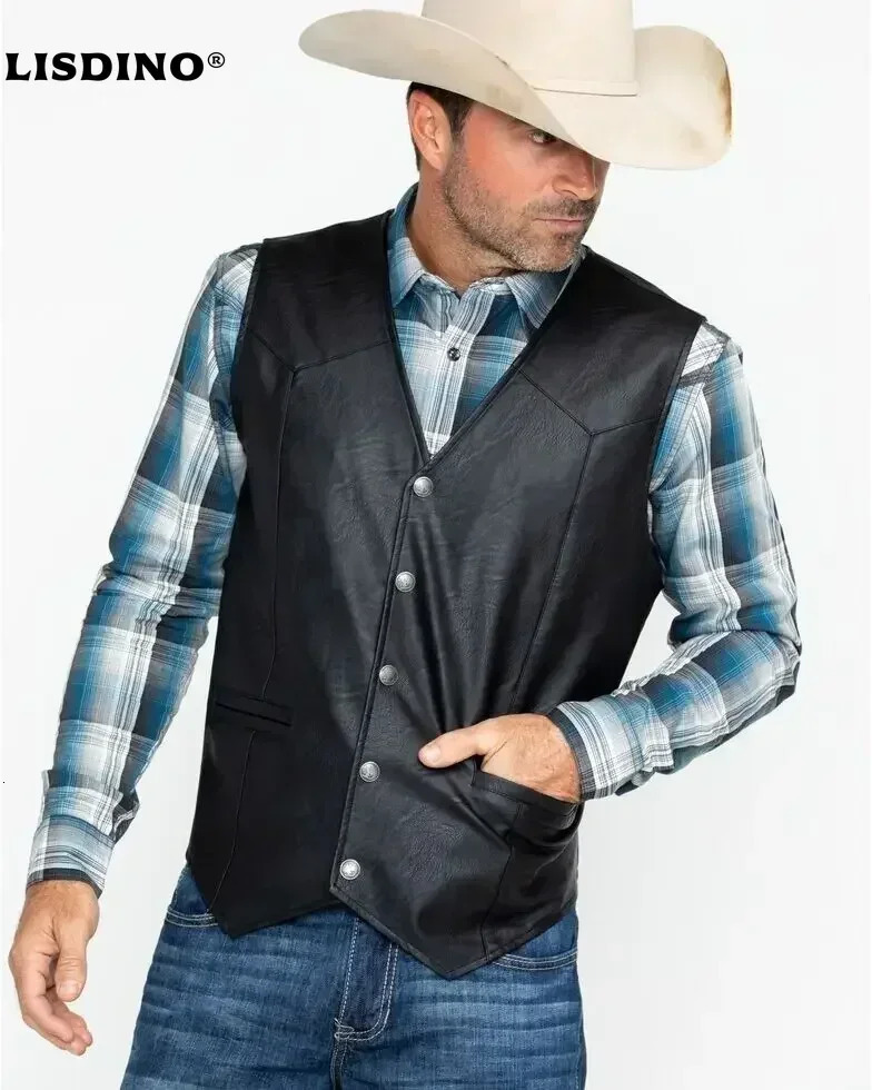 LISDINOLisdinoMen Soft 100% Leather Vest Snap Western Mens Gift Holiday Attire Informal Biker 260923
