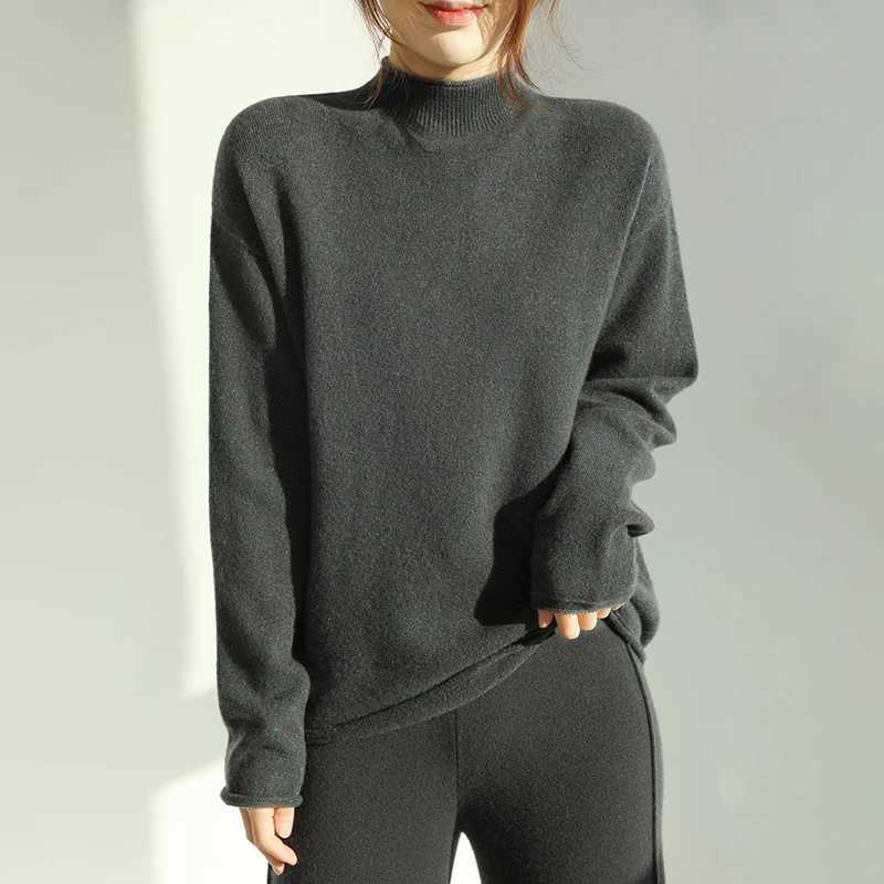 Women's Sweaters Women 100% Merino Wool Sweater Pullover Knitwear New Collection Clothes Autumn Winter Gold Silver Thread Mock Neck Curl Edge T