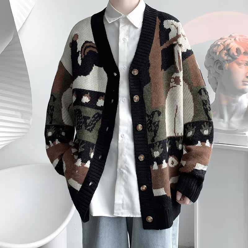 Vintage Men's Sweaters Cartoon Knitted Cardigan Men Oversized Sweater Japanese Harajuku Sweater Pullover Hip Hop Streetwear Loose Knitwear Tops