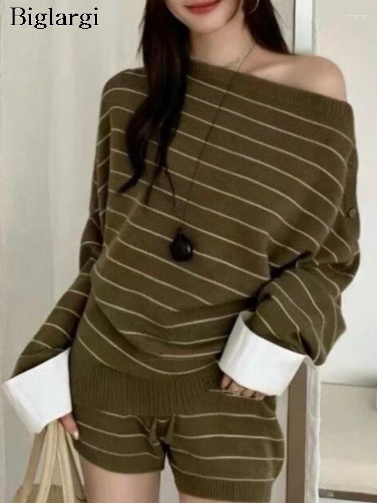Two Piece Set Striped Knit Shorts Women Korean Style Off Shoulder Sweater And Matching Autumn Full Woman Outfit