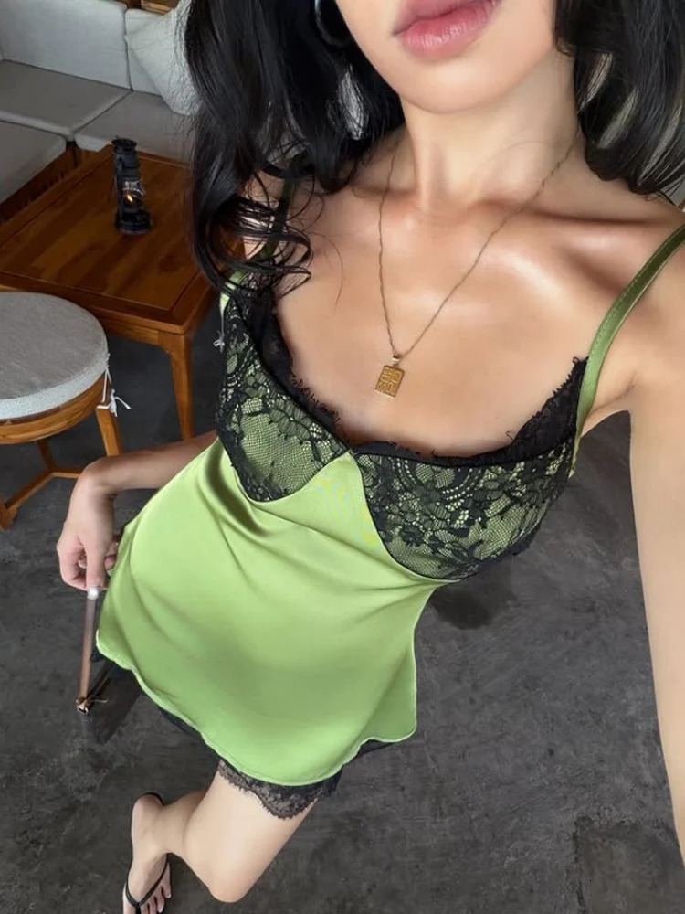 Huhugirl Summer Mini Dresses Camisole Lace Patchwork Slim Sheath Beach Casual Chic Fashion For Women Club Sleeveless 260923
