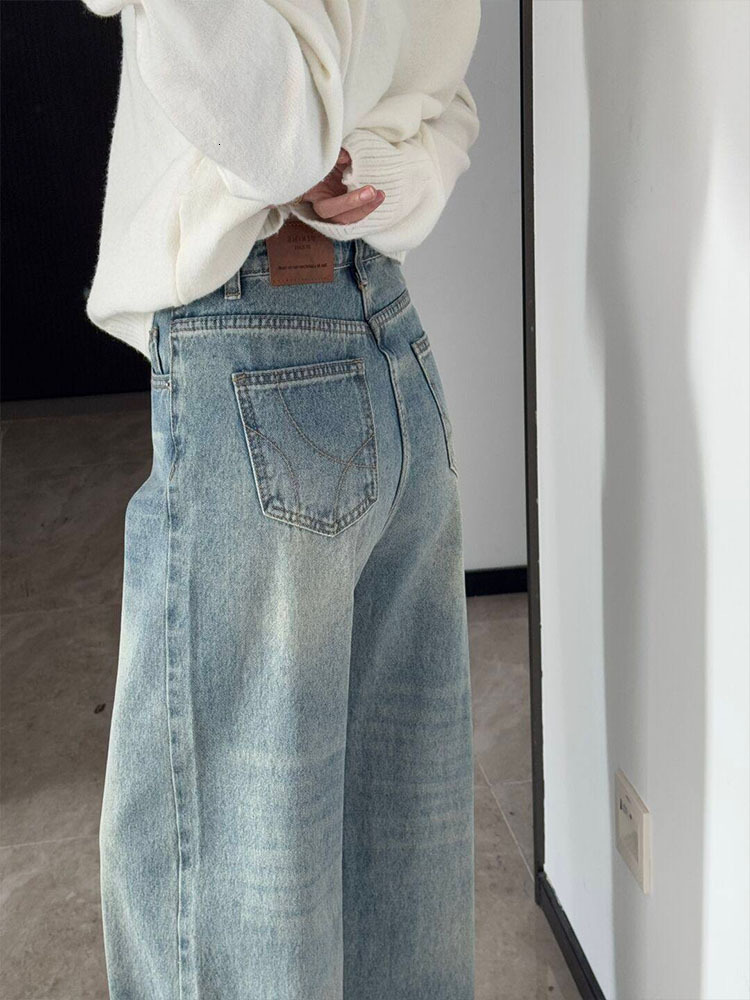Retro Washed High Waist Slimming Wide Leg Jeans Women's Loose Fit Straight Cut Embroidered Casual Cotton Blend Denim