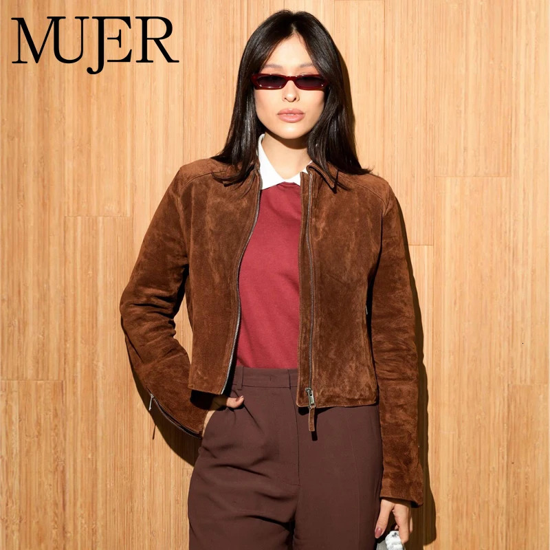 MUJER Faux Leather Women's Jacket Zip Cropped Bomber Jackets for Women Suede Demi-season Jacket for Women Coat in Outerwears 260923