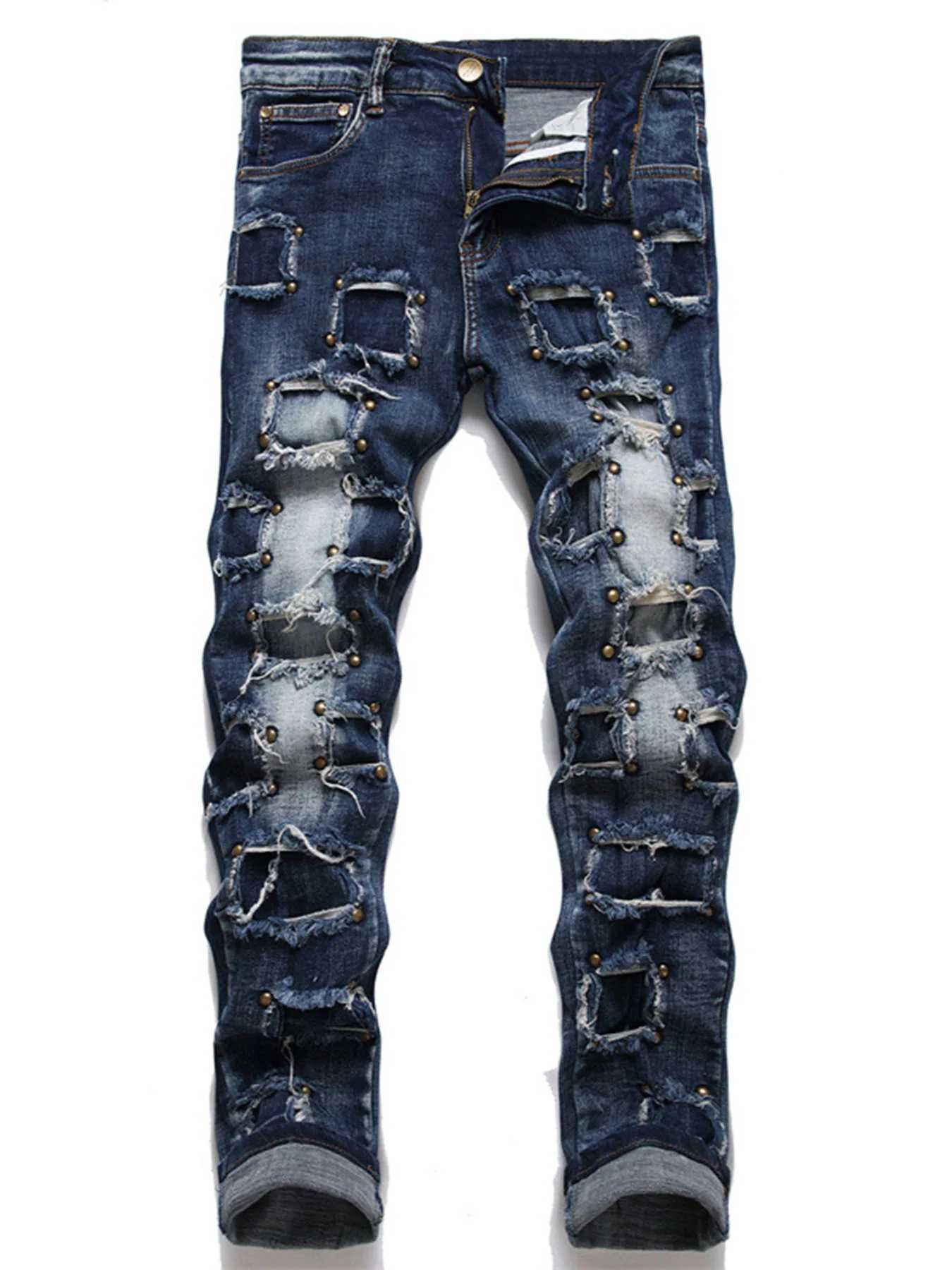 New punk men's jeans with nail beads multiple holes patchwork beggar style men's fashion street personality small straight S260924PHOE