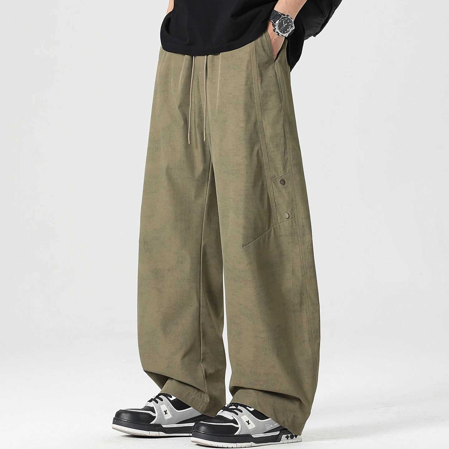 Men's Pants Spring and Summer High-quality New Curved Knife Style Printed American Street Loose Wide Leg Casual Pants Men's Army Green Bla