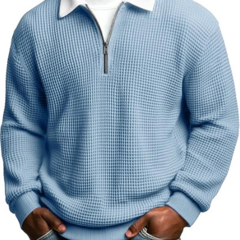 Designer Style New Arrival High Quality Men's Waffle Zip Up Polo Shirt Long Sleeve Casual Contrast Color Loose Fit Solid Knit Top Autumn Spring