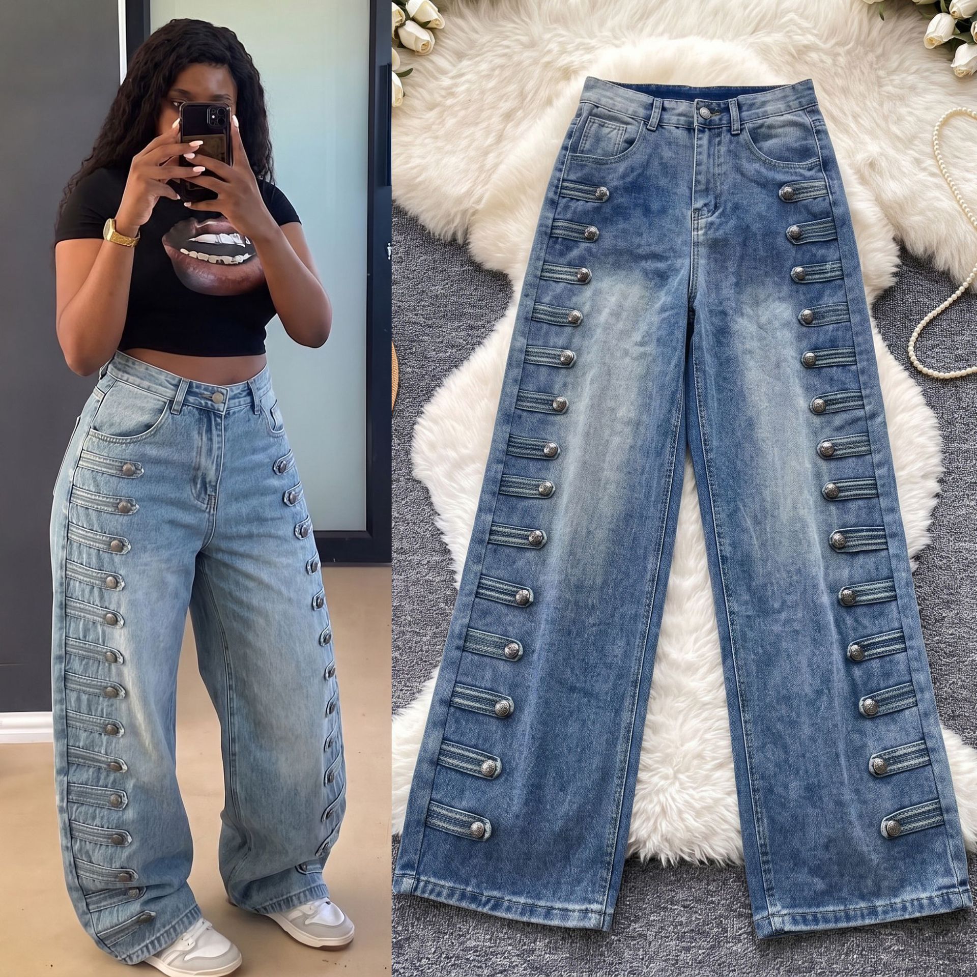 Women Denim jeans Napoleon Style 2026 Vintage High Waist Metal Button Wide Leg Jeans Streetwear Y2K Pants Loose Casual Versatile Trousers For Women