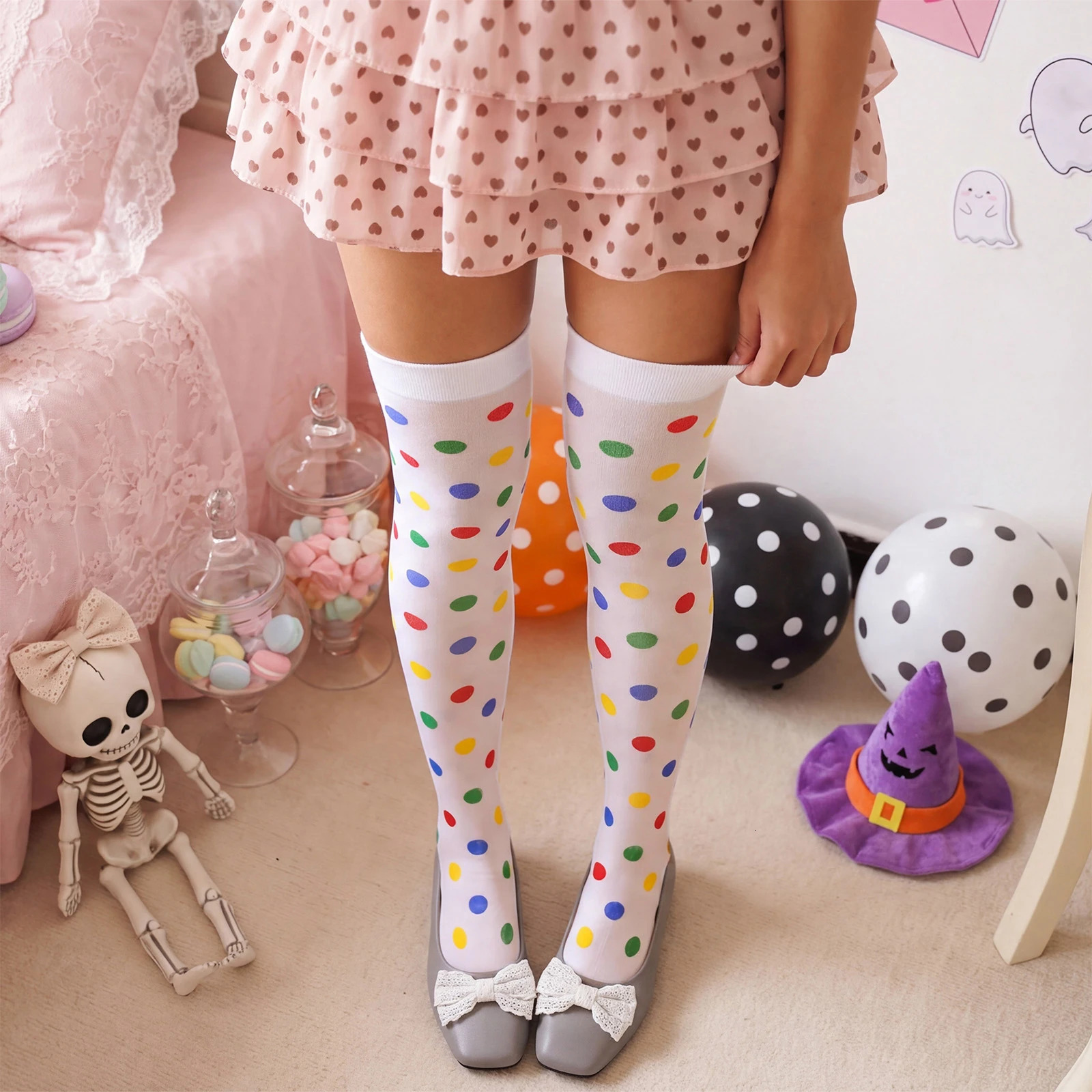 Women Colorful Dot Print Stockings for Party Halloween Clown Costumes Over the Knee High Long Socks Gothic Lolita Hosiery 260924