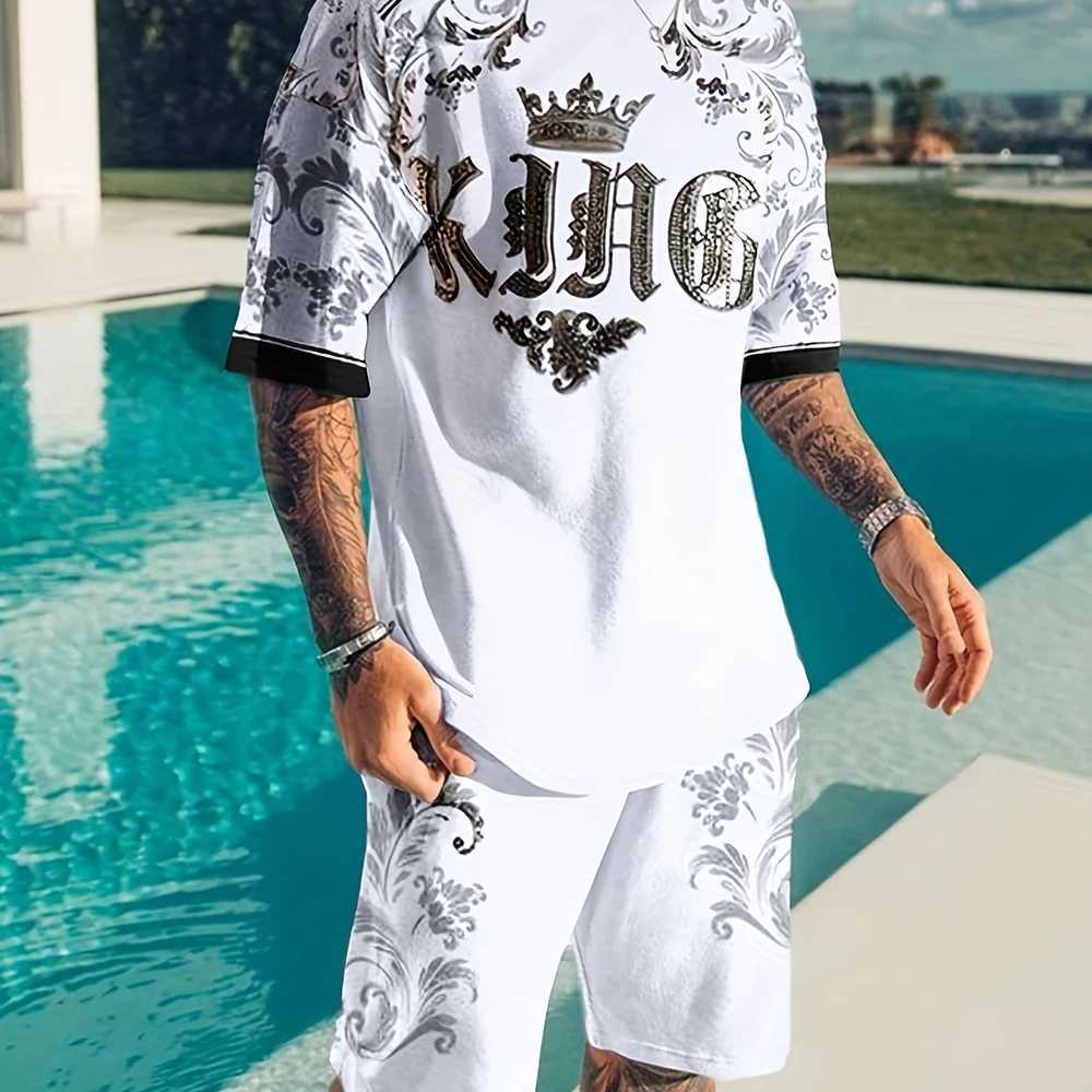 2025 Summer New Men's Summer Leisure Sports Running Set Loose Men's Refreshing Top Y2K Style 3D Poker King Fashion Set Lightweig T260924