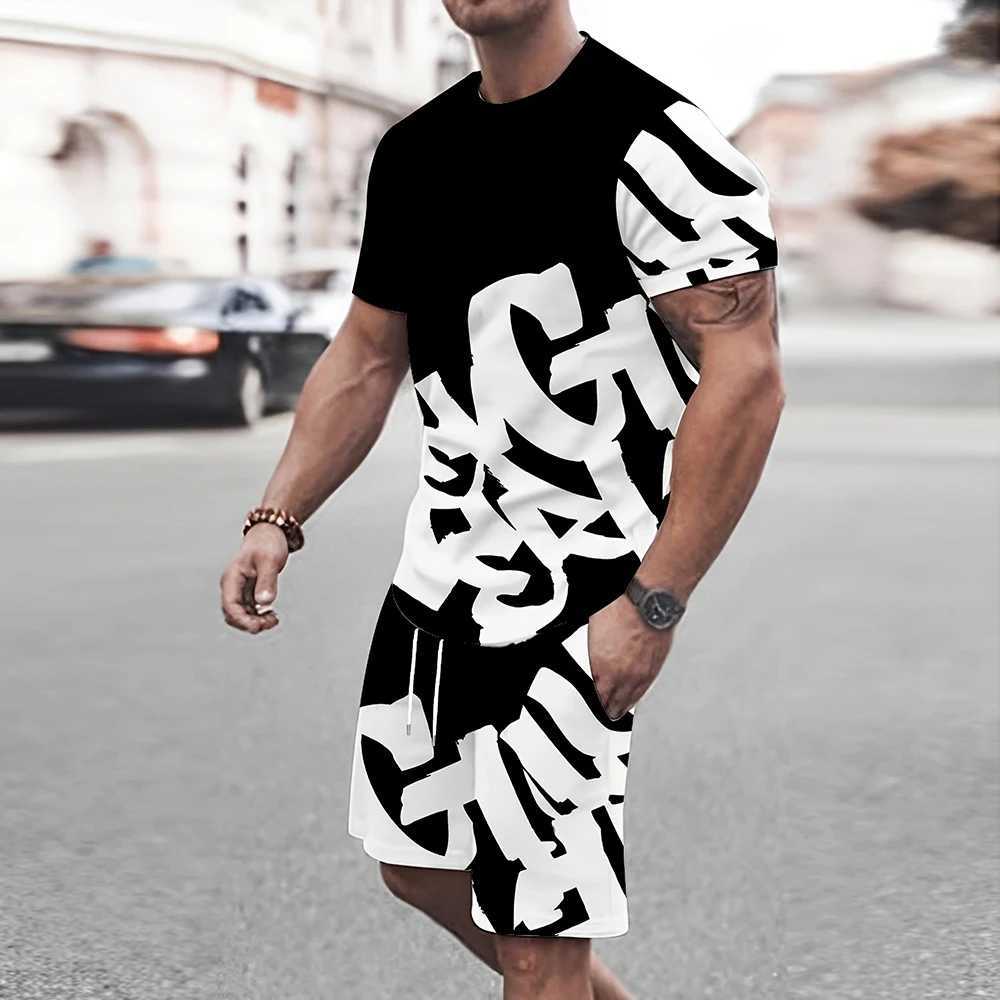 New men's summer trend big font print comfortable and breathable round neck T-shirt shorts set outdoor casual wear T260924