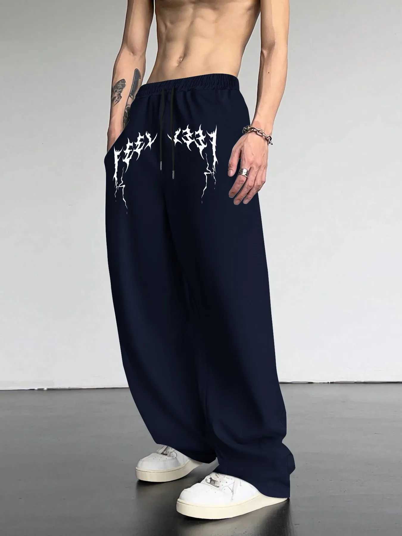 Men's Pants Men Solid Color Lightning Letter Print Straight Sweatpants Loose dr1 Wide Leg Trousers Soft Drape Trend Streetwear S-3XL D260924