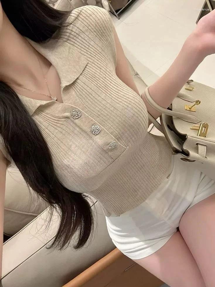 Dongda Gate Style Women's Slim Fit Knitted Shirt Short Sleeve Turn-down Collar Button Sexy Highlight Body Shape Polyester...