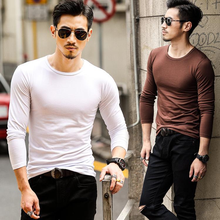Men's long-sleeved T-shirt, round neck, slim-fit undershirt, men's autumn base layer, solid color, white for fall and winter