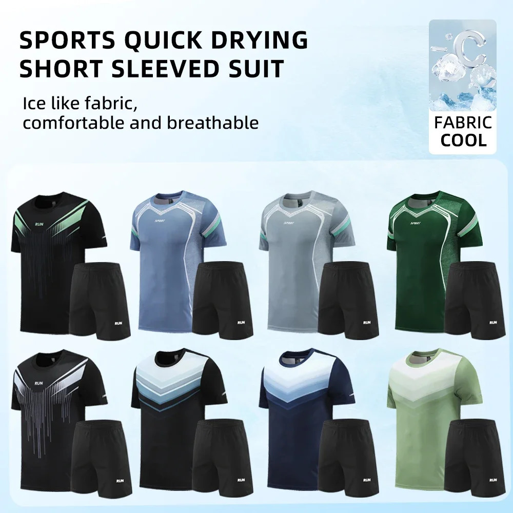 Fitness Clothes Men Ice Silk Quick Drying Short Sleeve Sports T-shirt Shorts Sportswear Suit Running Tracksuit Gym Training Set 260918