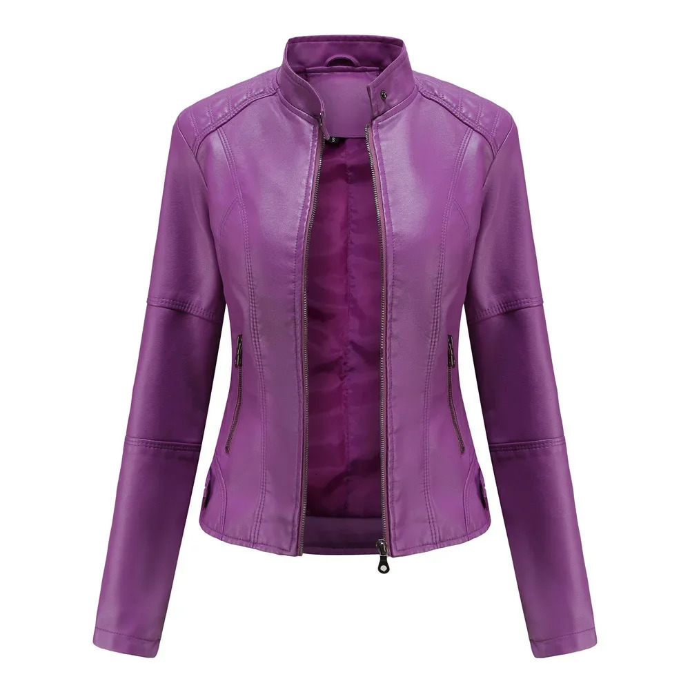 Autumn Women's Leather Jacket Fashionable Trim Motorcycle Women PU Coat Black Purple Brown Tops Female Menteau 260923