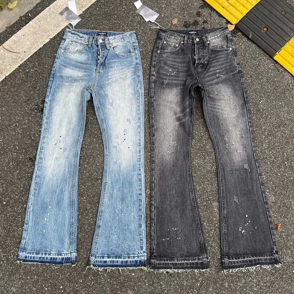 Heavy water Washed Retro Blue Ink Splatter Micro Flare Denim Pants Mens and Womens Straight Baggy Jeans Trousers Boot Cut S260924921E