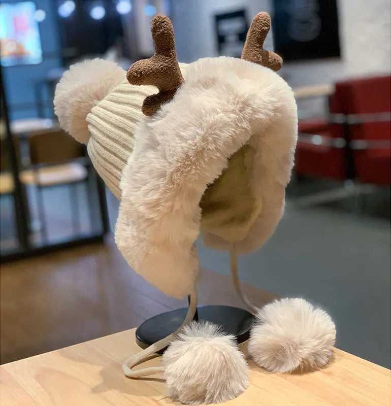 Womens Hat Autumn And Winter Cute Deer Horn Hair Ball Ear Protector Plush Hat Thickened Lei Feng Riding S2609240ES6