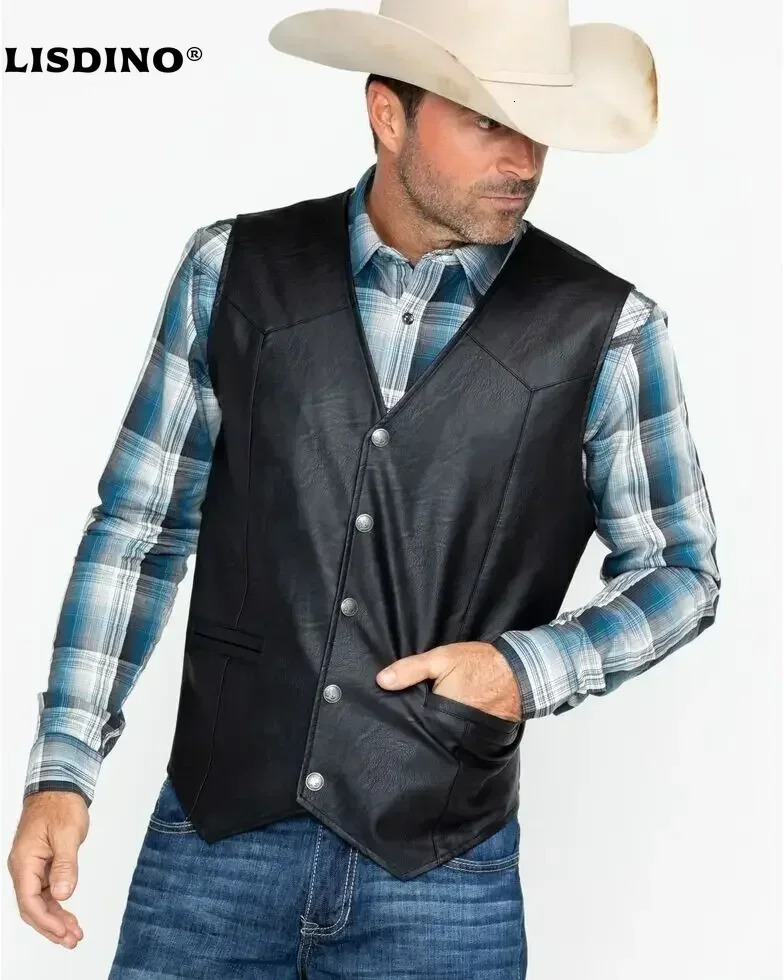 LisdinoMen Soft 100% Leather Vest Snap Western Mens Gift Holiday Attire Informal Biker 260923