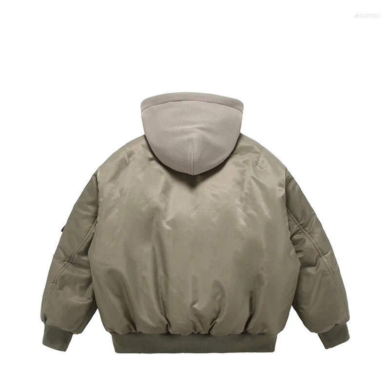 Fake Two Pilot Cotton Jackets Mens Winter High Street Trend Thickening Hooded Bomber Coats Multiple Pockets Short Parkas