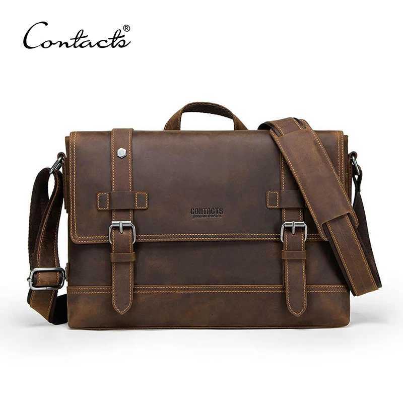 Briefcases CONTACT'S crazy horse genuine leather men's bag vintage man shoulder bags for laptop messenger bags male bolsa crossbody handba