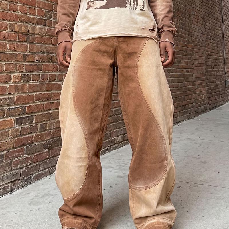 Jean à jambes larges pour hommes, deux tons marron, bloc de couleur, pantalon en denim d'épissure de panneau incurvé vintage délavé, taille moyen