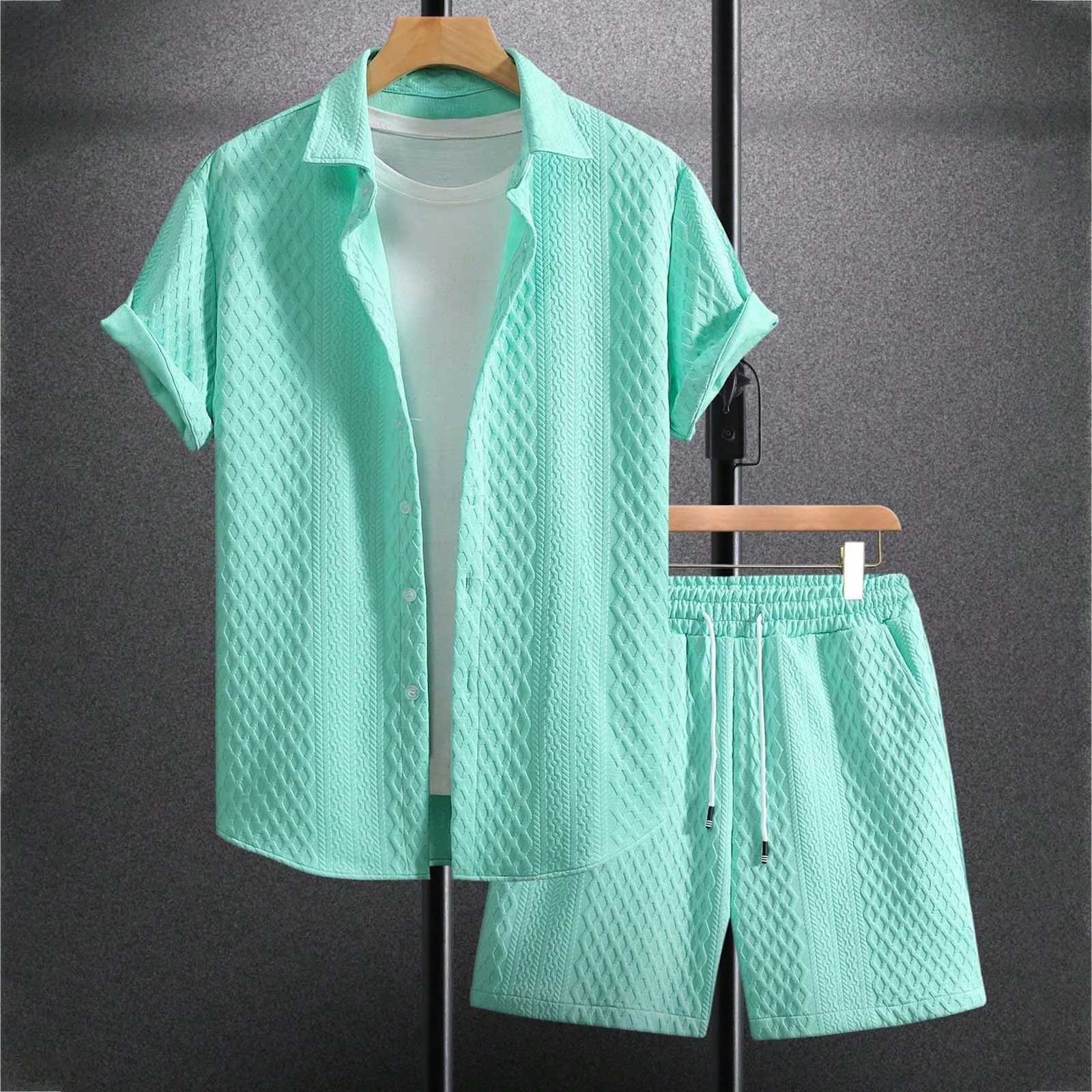 Men's Summer Casual Suits Short Sleeve Lapel Neck Plaid Texture Shirts Drawstring Elastic Waist Shorts Sport Vacation Outfits T260924
