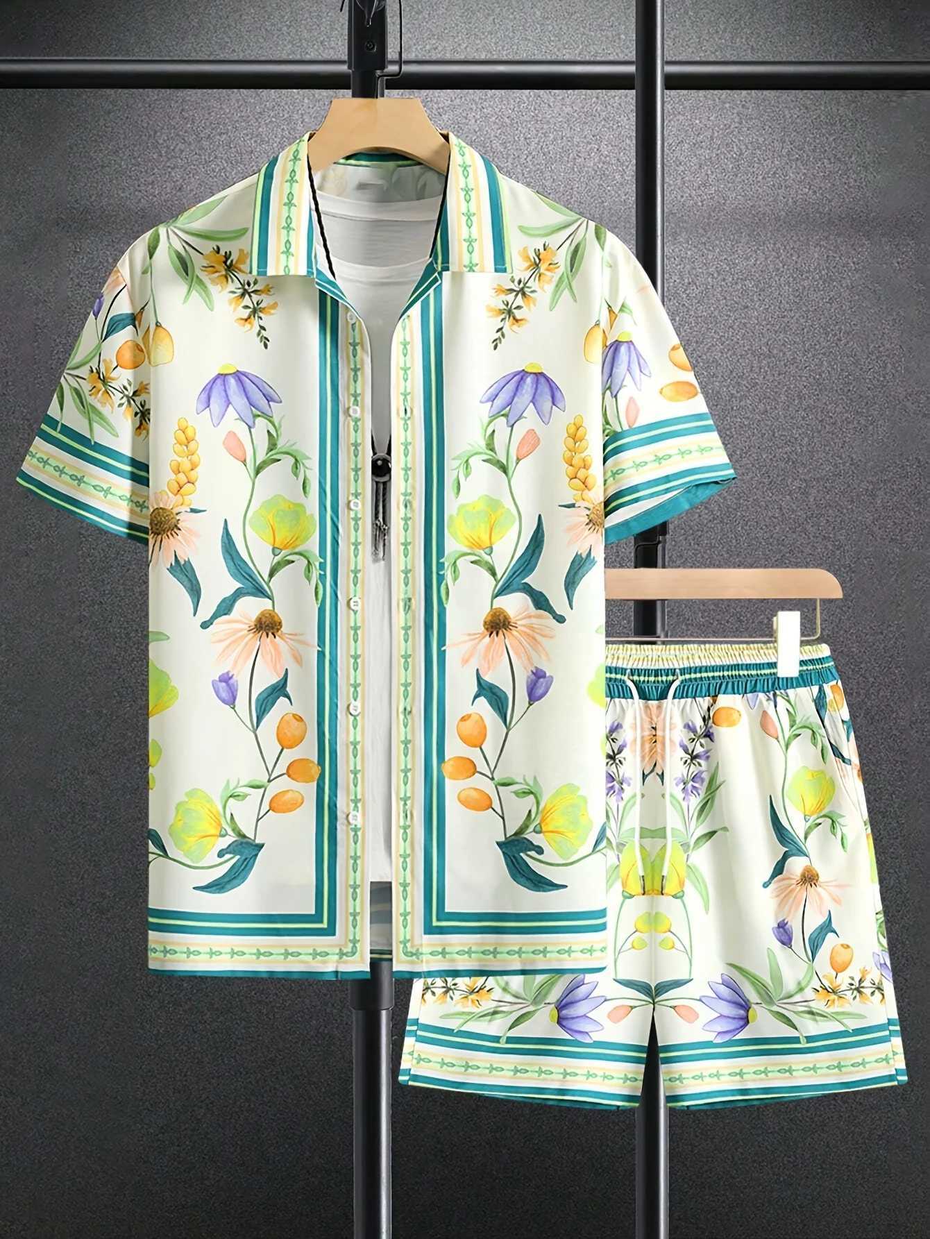 2pcs Men's Flower Graphics Print Shorts Shirt Set Drawstring Waist Summer Beachwear Casual Attire Tropical Prints Asian Size T260924