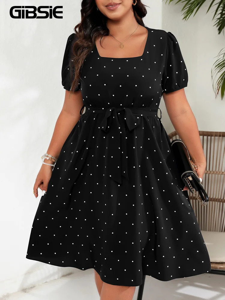 GIBSIE Plus Size Square Neck Polka Dot Belted Dress Women's Elegant Retro Puff Sleeve High Waist Summer A-line Big Swing Dresses 260922