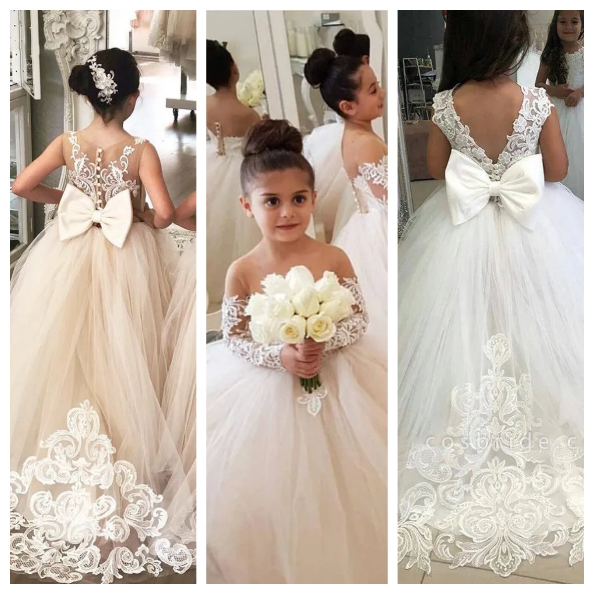 Cheap Cute Blush Pink Light Champagne Flower Girls Dresses Long Sleeves For Weddings Lace Appliques Ball Gown Birthday Girl Communion Pageant Gowns