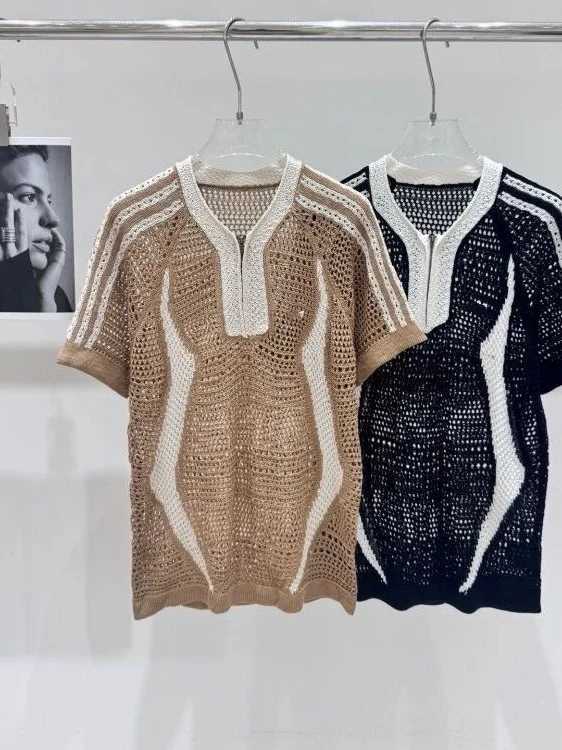 Women's Sweaters Color Block V-Neck Short Sleeve Knitted Sweater Women's Hollow out Design Slimming Fashionable Korean Style Commute Wind