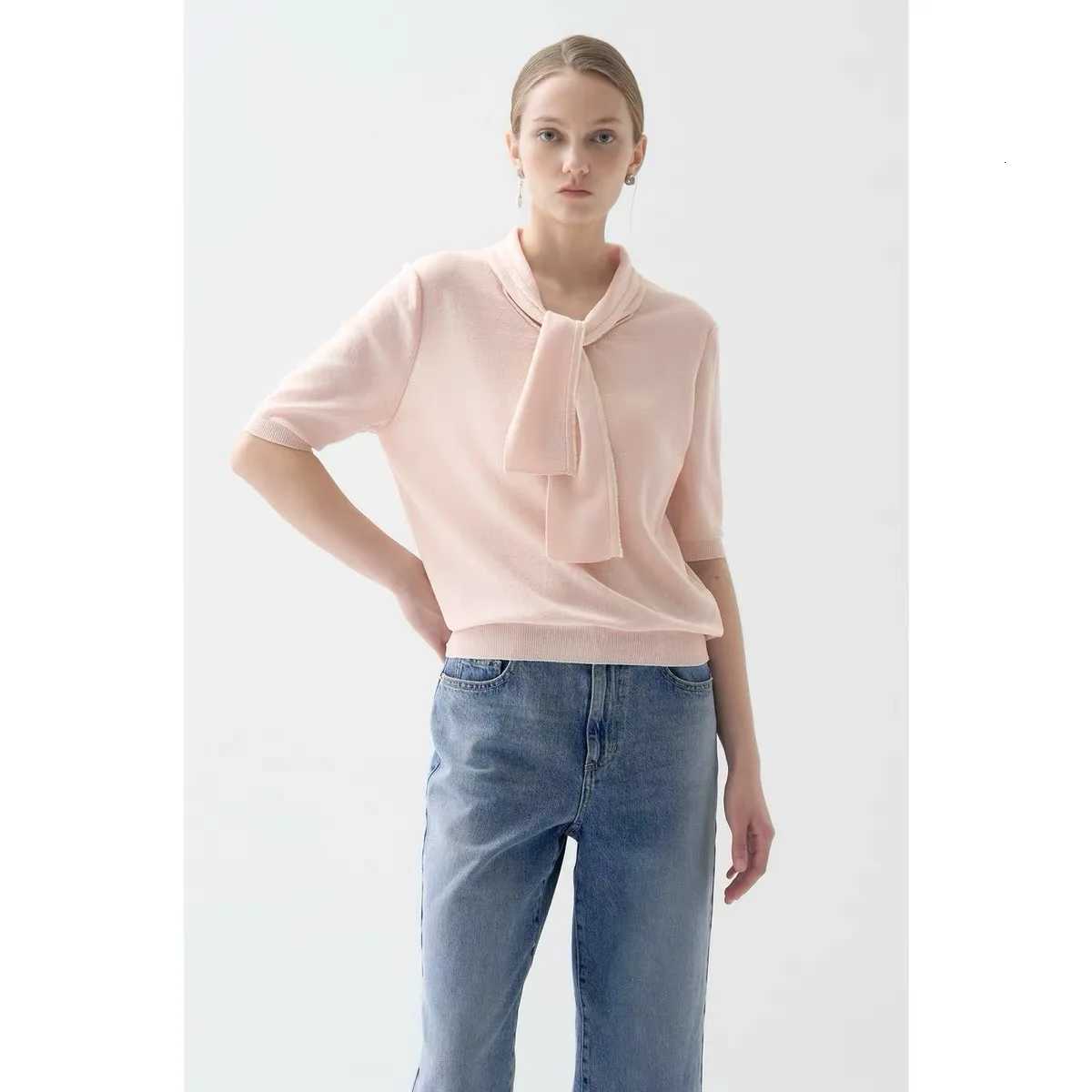 Women's Sweaters Elegant Lemon Cheese LAN26 Summer Fashionable Belted Scarf Style Versatile Slimming Short Sleeve Knitted Sweater for Women H26