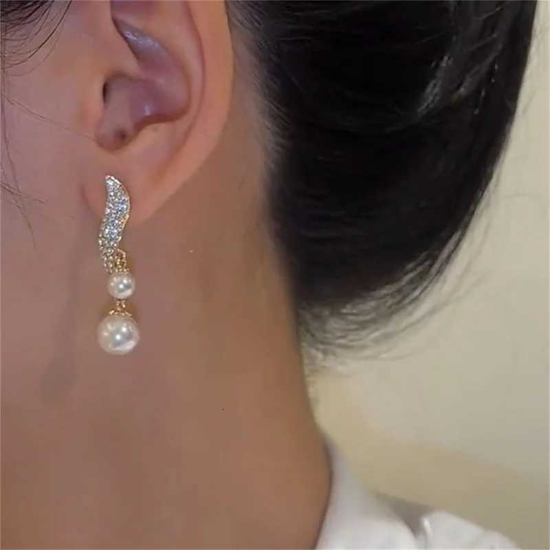 Elegant New Classic Stud 2023 Imitation Double Pearl Dangle Earrings For Women Crystal Long Tassel Drop Earring Wedding Jewelry Gifts N260923