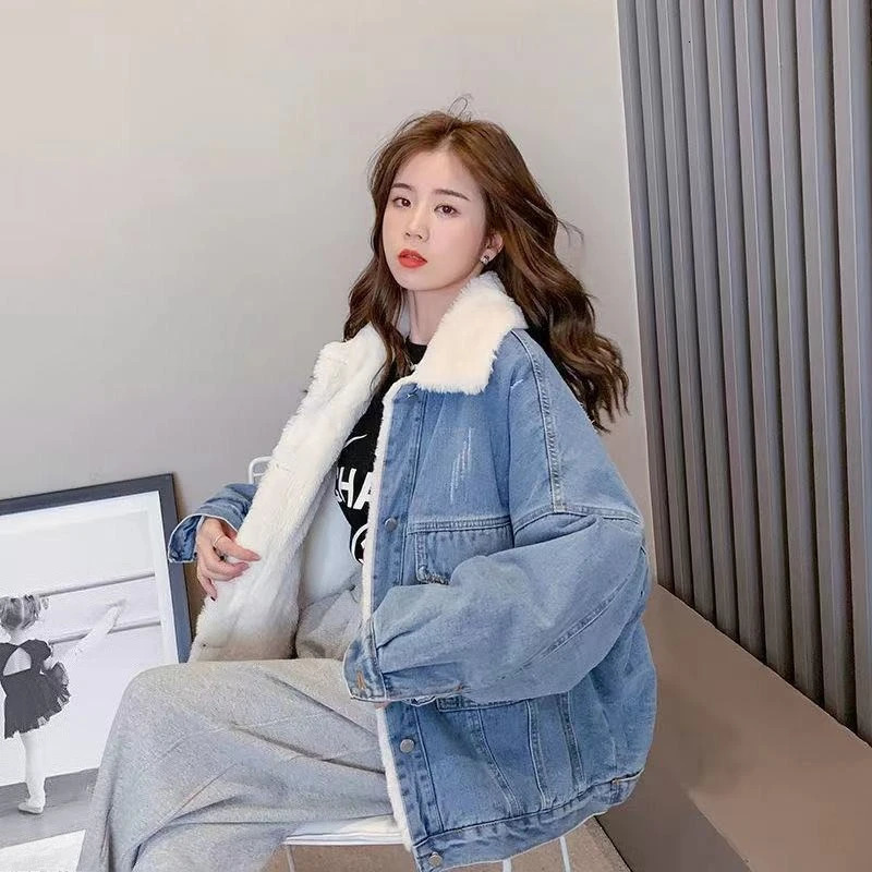 Women's Autumn Winter Arrival Simple Loose Korean Denim Jacket Petite Short Fleece Lined Thickened Shearling Warm Top 260921