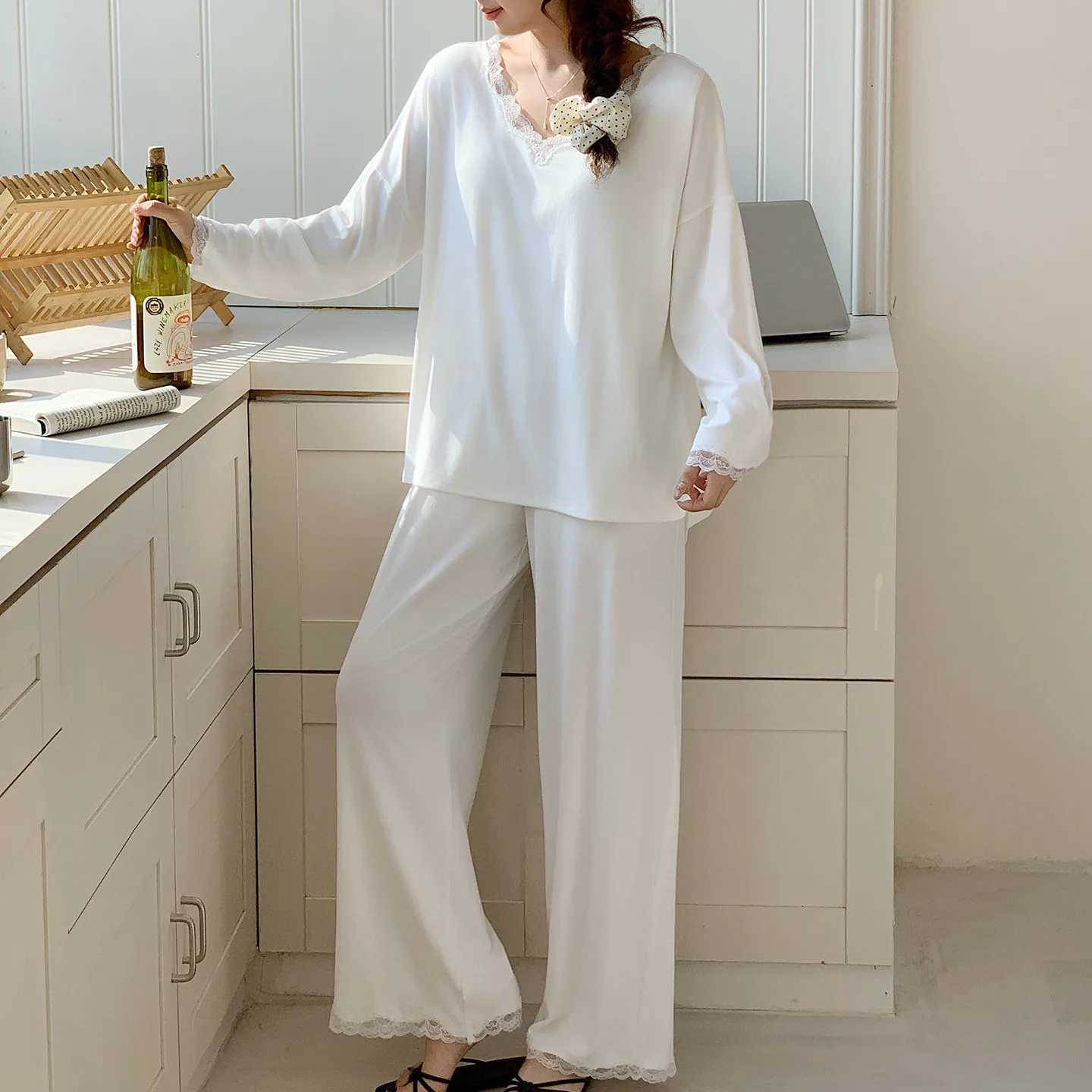 Women's Sleep Lounge Modal Pyjamas Woman Pajama Spring Autumn Long Sleeve Nightwear Two-Piece Ladies Set V-Neck Pijama Women's Home Clothe