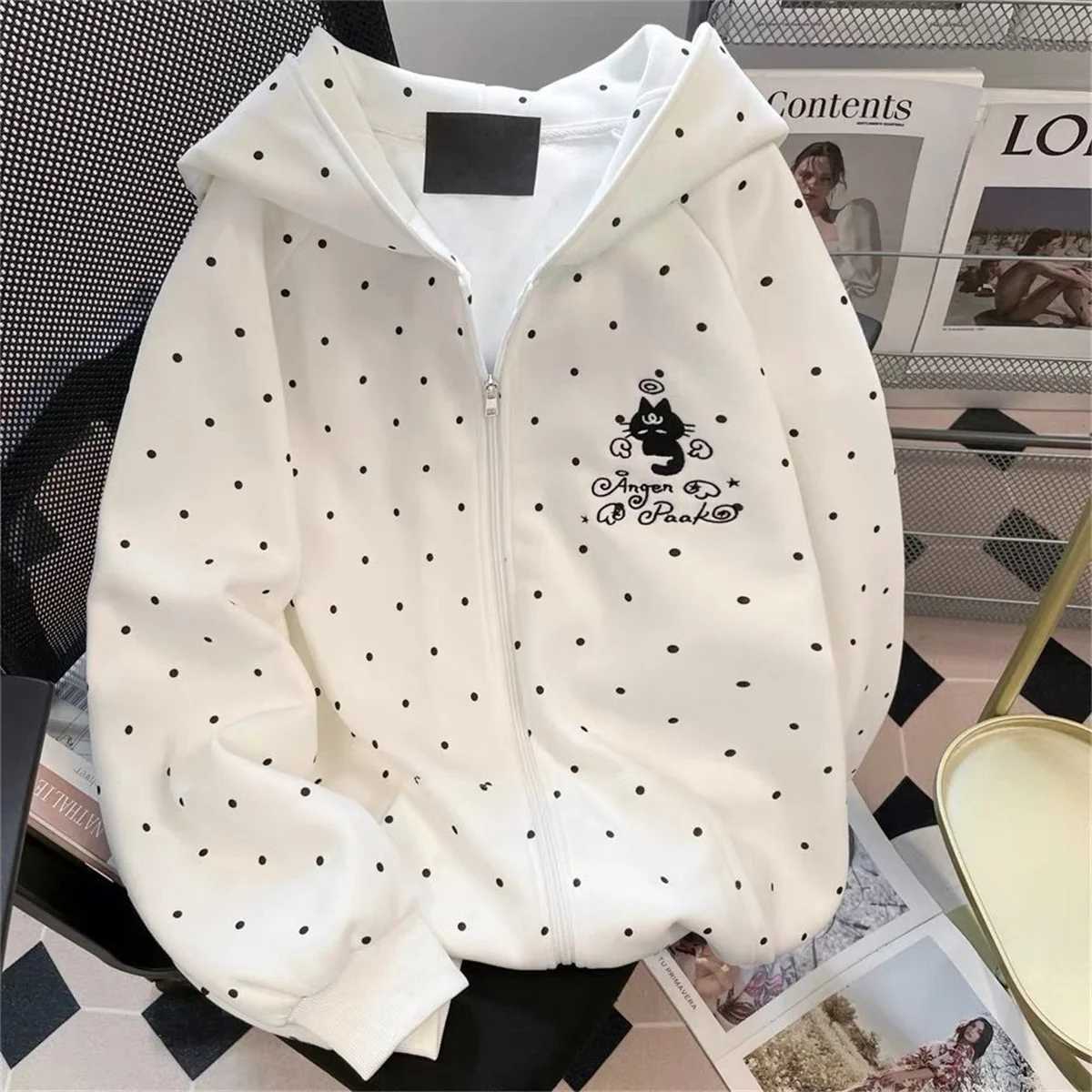 Y2k Grunge Harajuku Cropped Hoodies for Women American Aesthetic Polka Dot Pocket Printed Casual Hooded Sweatshirts T260923
