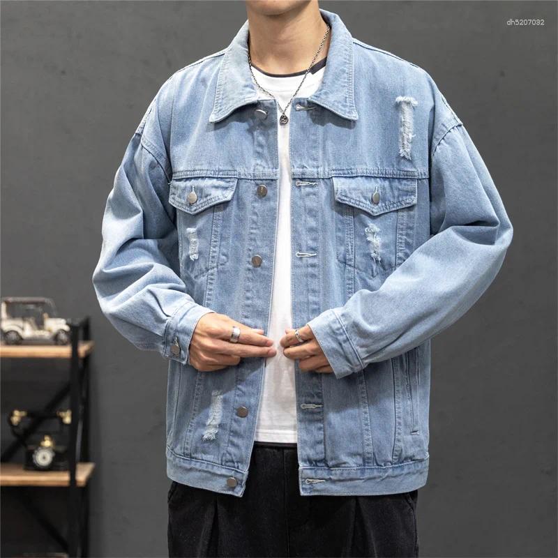 Spring Loose Denim Jacket Men Cotton Hole Casual Coat Preppy Style Harajuku Streetwear Outwear Male Chic Jackets Plus Size