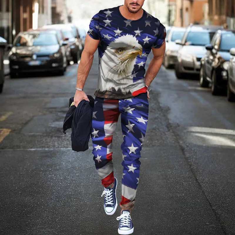 Men's T-shirt Long Pants Tracksuit American Flag 3D Print T Shirts Trousers Sets 2 Pieces Streetwear Oversized Suits Sportswear T260924