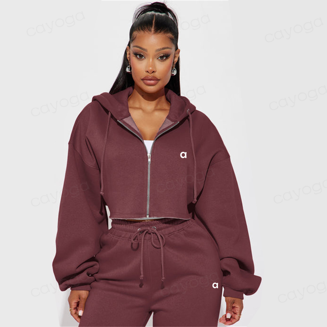 Aalloo Women Solid Color 2 Piece Yoga Loungewear Set Oversized Zip Up Cropped Hoodie Drawstring Elastic Waist Wide Leg Sweatpants Matching Casual Tr