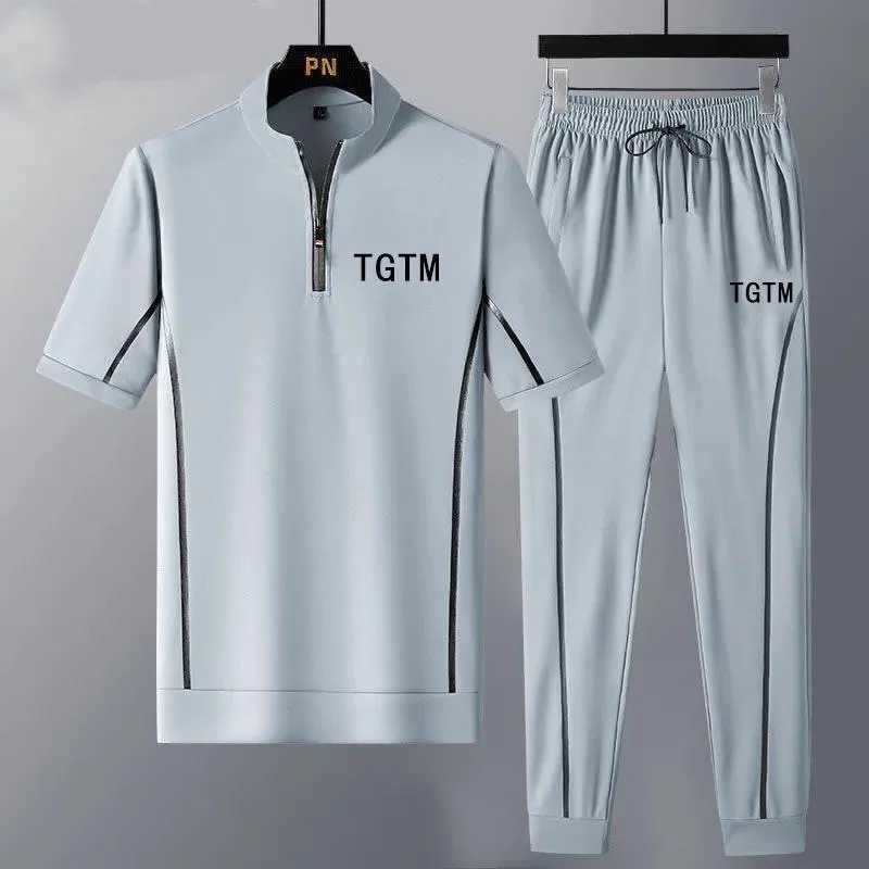2023 Summer New Ice Silk Cool Short Sleeve T-shirt Suit Men's Casual Loose Comfortable High-Quality Large Size Two-Piece Set T260924