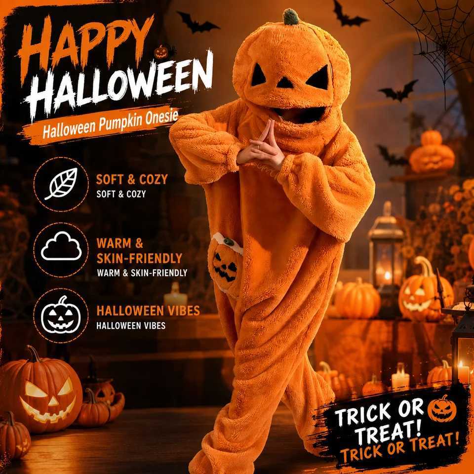 Lounge Women's Sleep 1Pc Halloween Pumpkin Onesie Pajamas Set With Shoes M-XXL Unisex Winter Warm Soft Coral Fleece Sleepwear Home Wear Cosplay