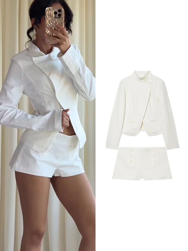TFMLN Fashion Women's Jacket Shorts Sets Stand Neck Full Sleeve Short Jackets Mini Straight Short Pant Summer Ladies Suit 260923